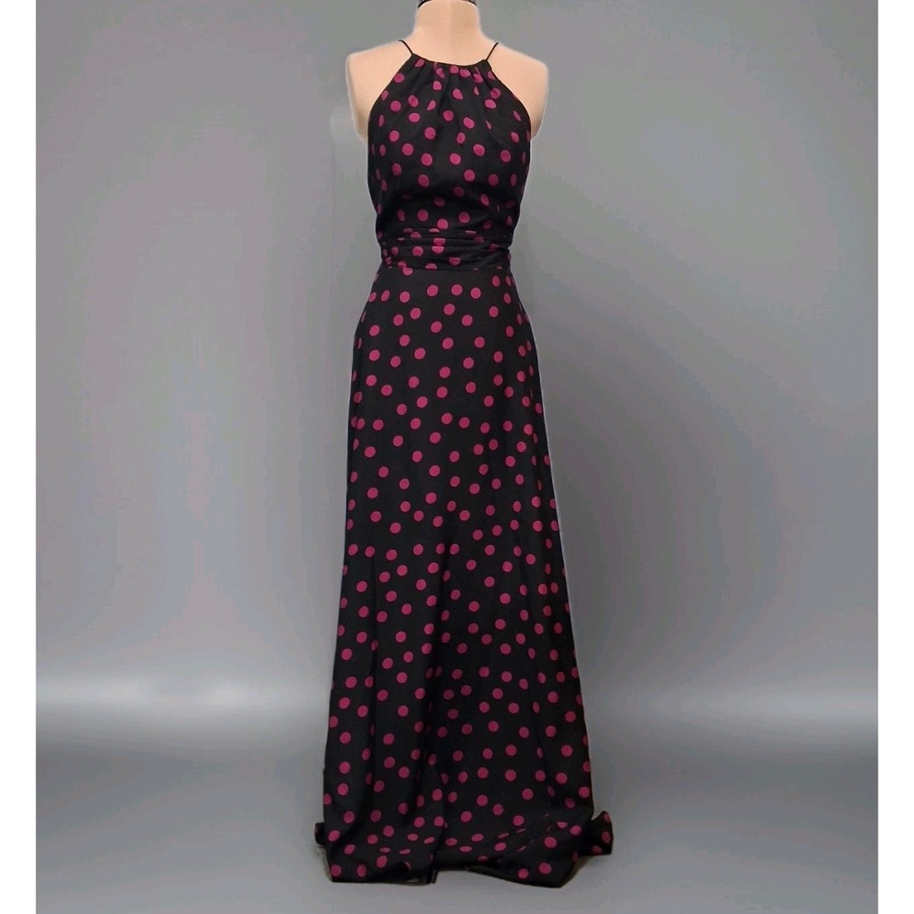 Hailey Adrianna Papell Gown Womens Size 2 Navy Blue Pink Polkadot Halter Neck‎
